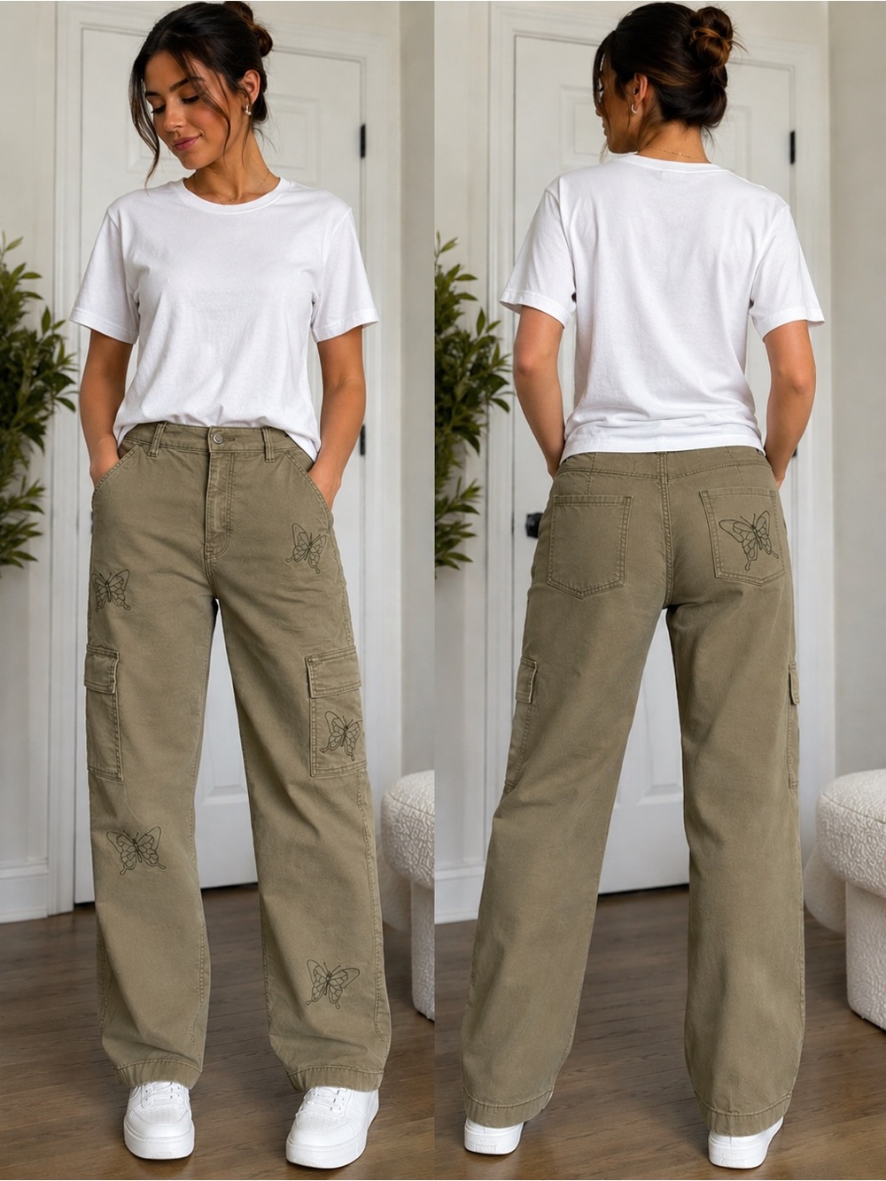 Hollister Olive Green Wide-Leg Cargo Trousers with Butterfly Embroidery